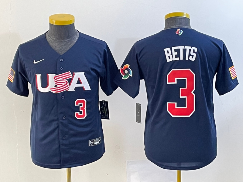 Youth USA Baseball #3 Mookie Betts 2023 Navy World Baseball Classic With Patch Stitched Jersey